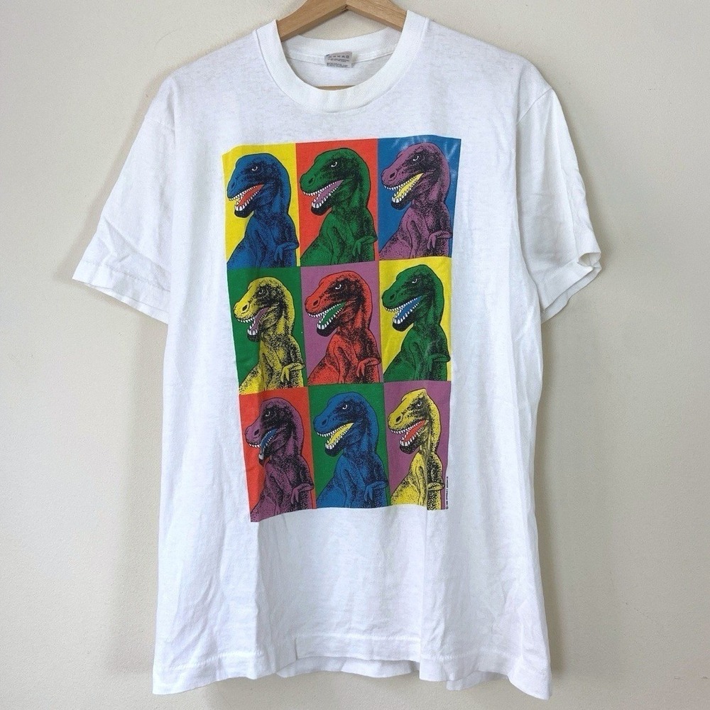 Vintage 90's Dinosaur Andy Warhol x Stanley Desantis Colorful Art White Tee - M
